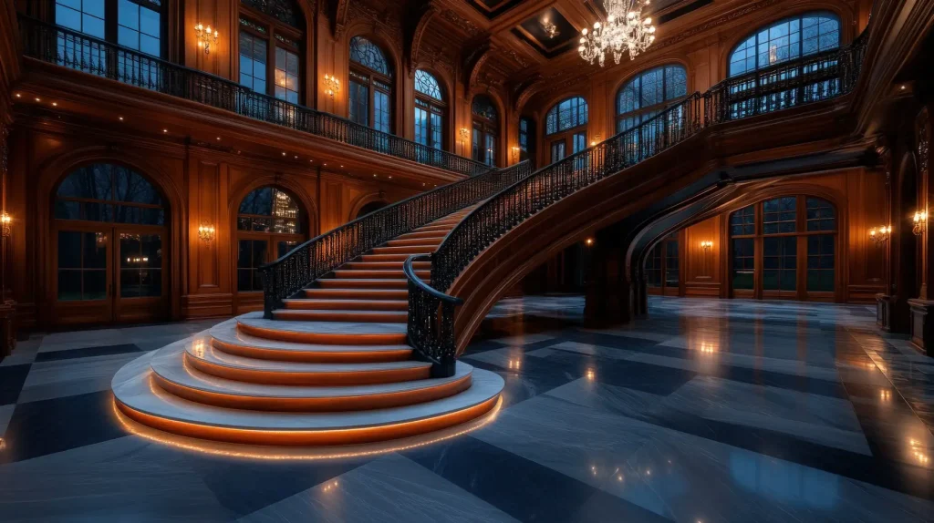 نورپردازی لوکس راه پله ها؛ انتخاب چراغ دیواری و لوستر مناسب 4 نورپردازی لوکس راه پله ها